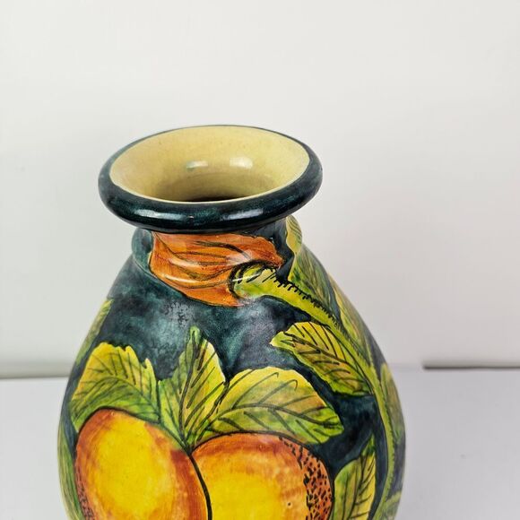 Vintage Mexican Pottery Tourist Vase Yellow Fruit Green Leaves Burnished GUC - Picture 3 of 6